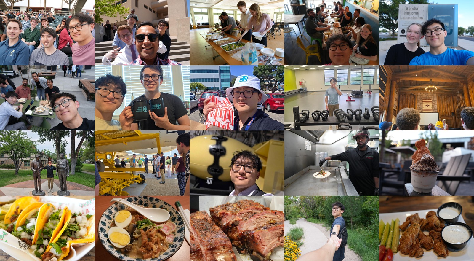 Collage of photos from Alan's NOMAD internship, including group photos, Sandia campus moments, lab spaces, Albuquerque scenes, and food.