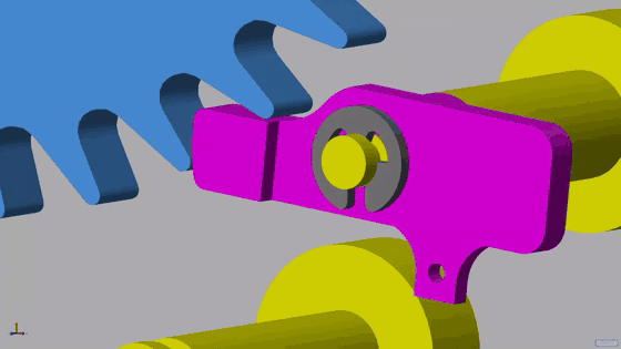 Autoplaying close-up animation of the pawl gear contact interface.